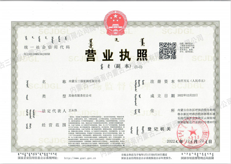 公司投資控股的“內蒙古三強泵閥有限公司”正式注冊成立